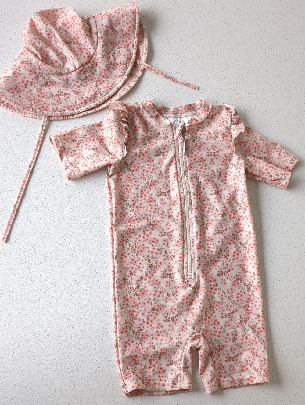 H&M Pink Floral Baby Swim Set - Sunsuit & Hat 18mo - 2T